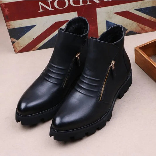 new fashion mens platform boots black genuine leather shoes outdoor warm cotton winter snow botte ankle botas de homens sapatos