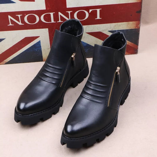 new fashion mens platform boots black genuine leather shoes outdoor warm cotton winter snow botte ankle botas de homens sapatos