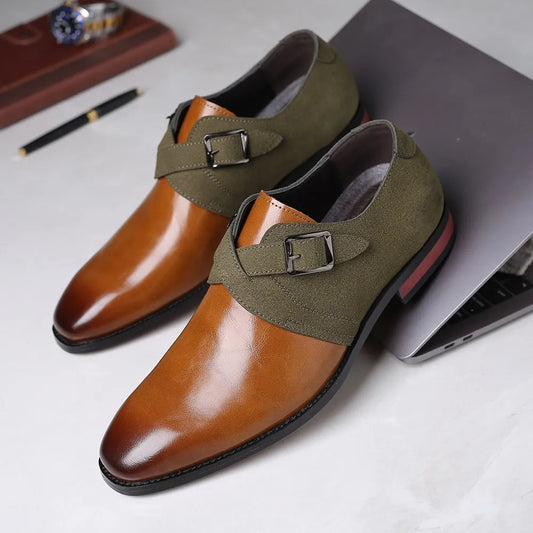 Men's Fashion Splicing Buckle Derby Shoes Men Leather Dress Shoes Wedding Party Shoes Mens Business Office Oxfords Slip-On Flats