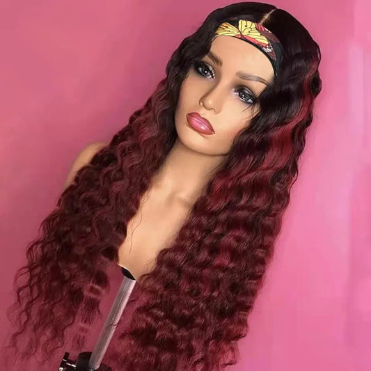 Loose Wave Headband Wig Human Hair Curly Wave 1B/30 Ombre Burgundy Deepwave Machine Made Wigs With Head Band Brazilian Scarf Wig