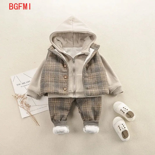 Children's clothing for boy Winter Kid's girl coat +Plaid Vest +Plaid Pants Three-piece set Plus velvet Thickening Fleece 1-5Y