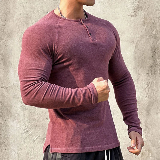 Muscle Men Elastic Ribbed Basic Tops Pullover Streetwear Casual Long Sleeve Solid T-shirt Gym Man Long Sleeve Henry Collar Shirt