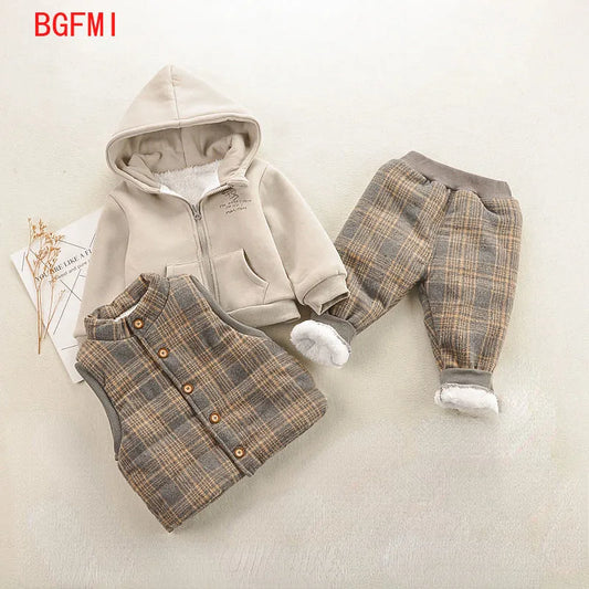 Children's clothing for boy Winter Kid's girl coat +Plaid Vest +Plaid Pants Three-piece set Plus velvet Thickening Fleece 1-5Y