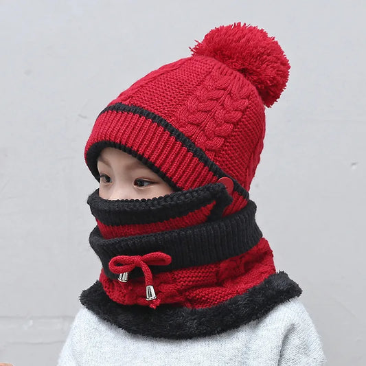 Winter Children Girls Knit Beanie Scarf Mask Set Soft Warm Fleece Lined Winter Ski Hat with Pompom Warm Accessories 2-8 Years