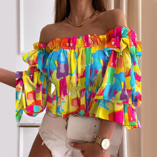 Off Shoulder Summer Ladies Multi-layer Top Colorful Pleated Autumn Blouse Fashion Women Ruffles Long Sleeve Shirt for Beach