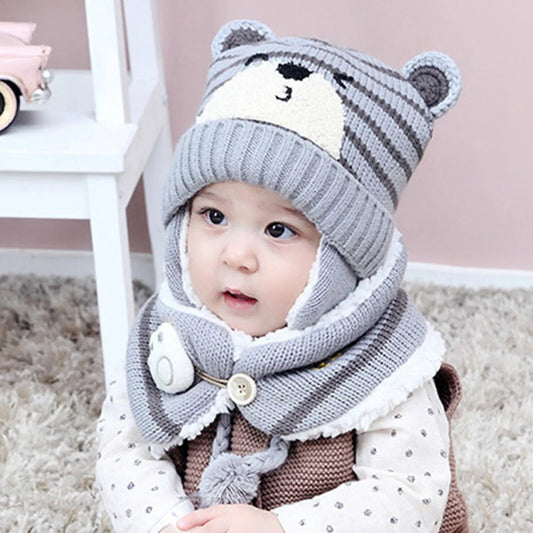 Unisex Winter Kids Baby Girls Boys 6M-34M, Cartoon Bear Stripe Knit Hat Cap Woolen Yarn Scarf Earmuff Warm keep Set for outdoor