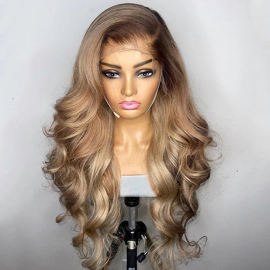 Ombre Blonde 13X4 Transparent Lace Front Human Hair Wig Brown, Root Glueless Body Wave Ash Blonde 5X5 Closure Wig Pre Plucked