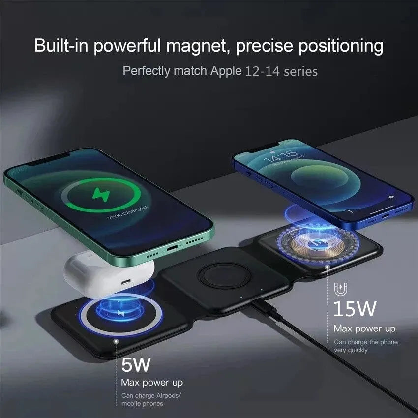3 In 1 Magnetic Wireless Charger Pad Stand Foldable for iPhone 14 13 12 11 X Apple Watch AirPods 15W Fast Charging Dock Station