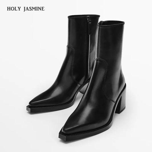 High Heels Women Short Boots Elegant Pointed Toe Office Lady Shoes, Woman Genuine Leather Side Zipper Autumn Winter