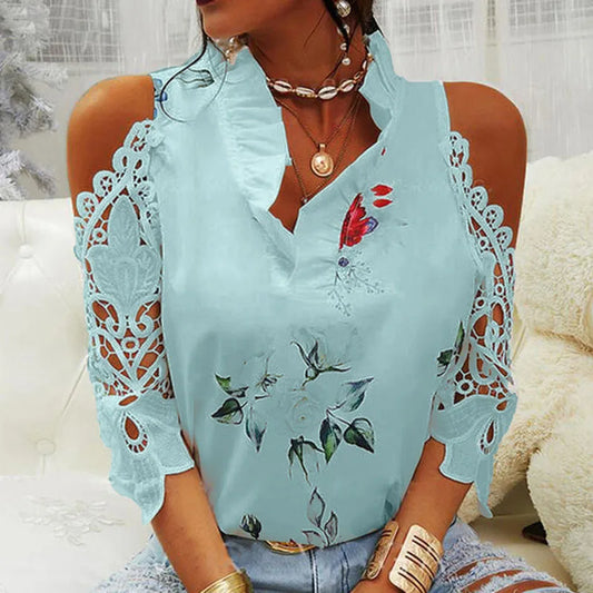 Sexy Hollow Out Printed Women Blouses V-Neck Elegant Short Sleeve Lace Shirts Summer Female Strapless Blouse Casual Top