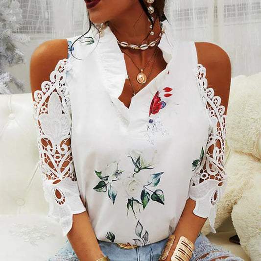Sexy Hollow Out Printed Women Blouses V-Neck Elegant Short Sleeve Lace Shirts Summer Female Strapless Blouse Casual Top