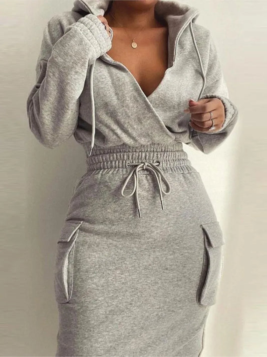 Solid 2 Piece Set Women Long Sleeve Hoodies Midi Skirt Set Spring Autumn Casual Knitted, Sweatshirt Suits Streetwear Outfits