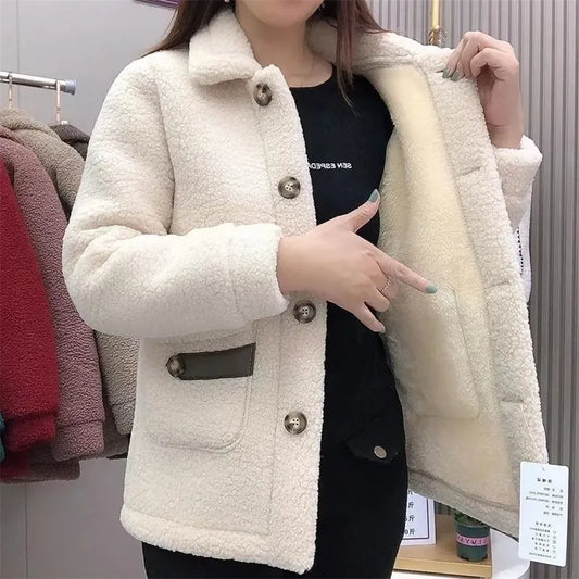 Winter Imitation Lambswool, Lambswool Jacket Padded Thicken Solid Color Pocket Mother Fur Coat Women Parkas.