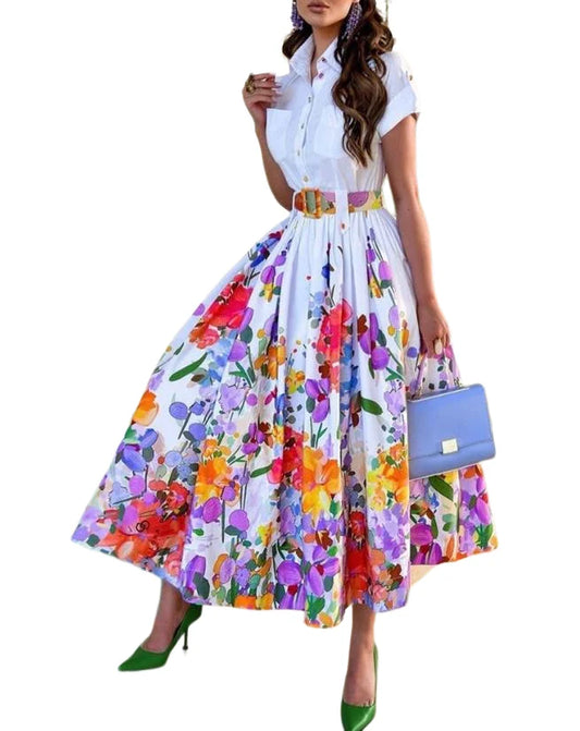 Women Summer Dresses, Women's Fashion Elegant Commuting Floral Print Ruched Buttoned Shirt Dress.