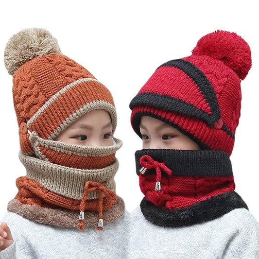 Winter Children Girls Knit Beanie Scarf Mask Set Soft Warm Fleece Lined Winter Ski Hat with Pompom Warm Accessories 2-8 Years