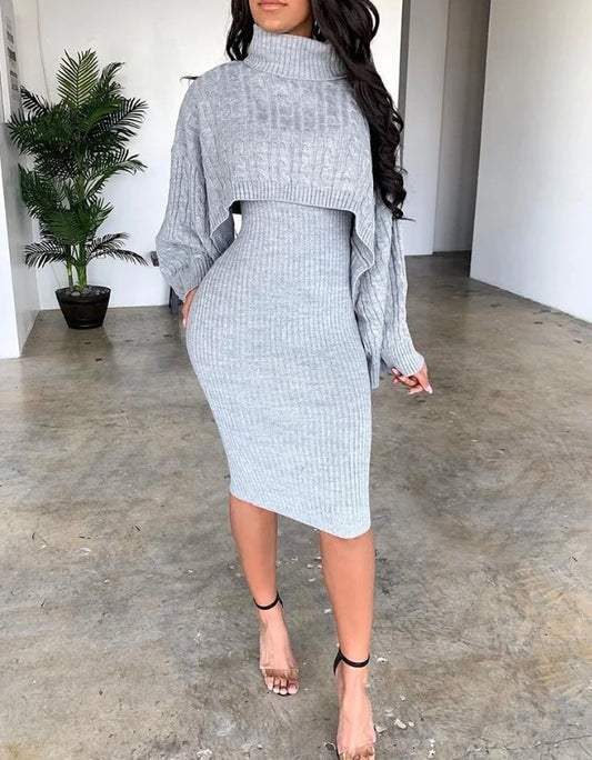 Women's Sweater Dress Set Autumn Winter, Solid Turtleneck Ribbed Sweater & Knitted Strap Dress Sets Matching Outfit