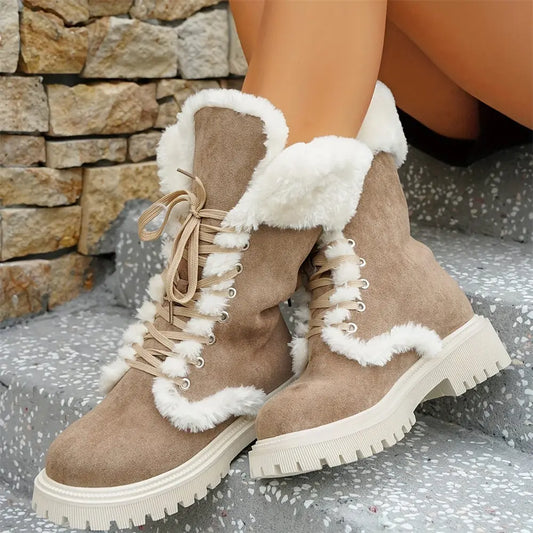 Good Quality Cold Winter Artificial Wool Keep Warm Faux Fur Russia Snow Boots Women Comfy Walk Lace Up Winter Shoes