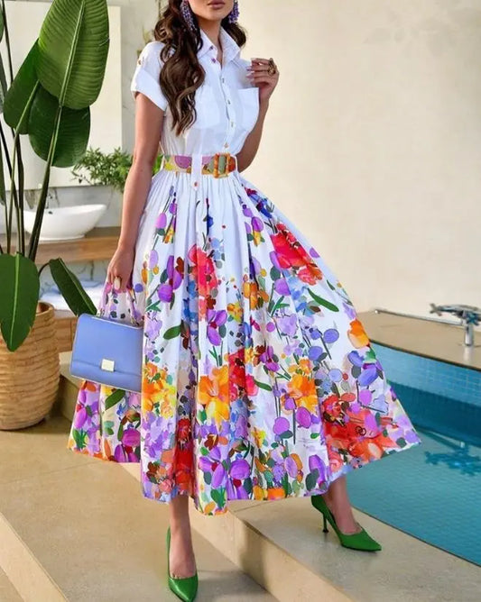 Women Summer Dresses, Women's Fashion Elegant Commuting Floral Print Ruched Buttoned Shirt Dress.