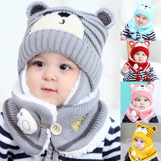 Unisex Winter Kids Baby Girls Boys 6M-34M, Cartoon Bear Stripe Knit Hat Cap Woolen Yarn Scarf Earmuff Warm keep Set for outdoor