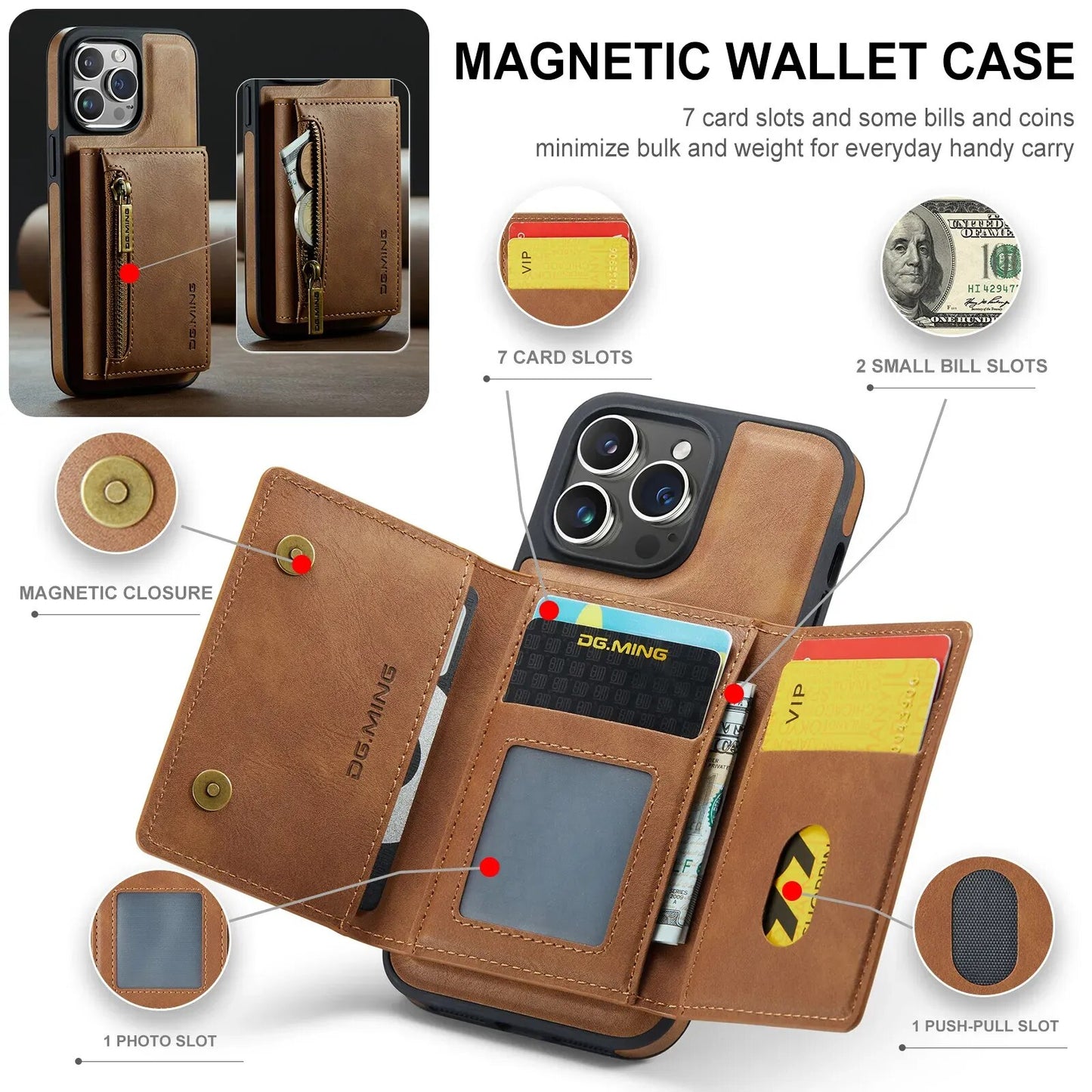 2 In 1 Detachable Magnetic Leather Wallet Phone Case For Iphone 13 11 12 14 15 Pro Max 14 15 Plus Card Holder Stand Phone Cover