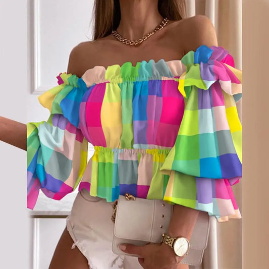 Off Shoulder Summer Ladies Multi-layer Top Colorful Pleated Autumn Blouse Fashion Women Ruffles Long Sleeve Shirt for Beach