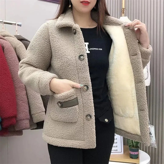 Winter Imitation Lambswool, Lambswool Jacket Padded Thicken Solid Color Pocket Mother Fur Coat Women Parkas.