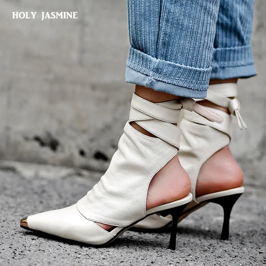 Pointed Toe Slingback Ankle Boots Brown Slingback Strappy Breathable Cool Boots High Heels Sexy Ladies Dress Women'S Boots