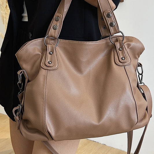 Female Khaki Large Shoulder Bag Top Handle Soft Pu Leather Ladys Shopper Purses Handbags Women's Big Casual Travel Shoulder Bags