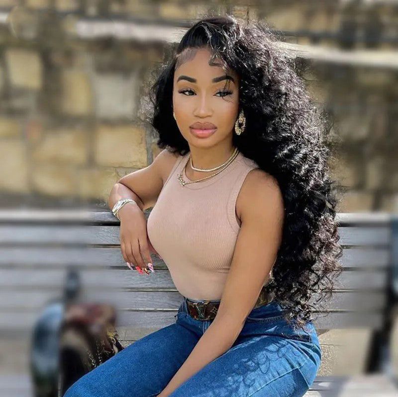 13X4 Lace Front Human Hair Wigs Peruvian Deep Curly Pre-Plucked With Baby Hair Jerry Curl 250 Density Lace Frontal Wig 30 Inches