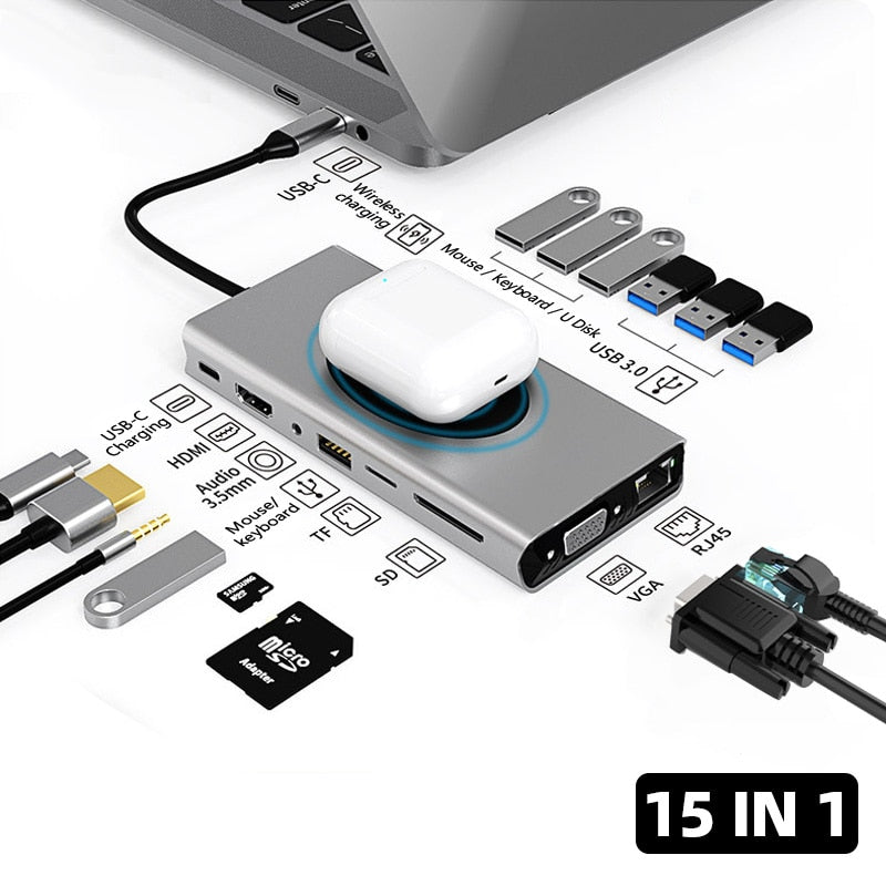 15 In 1 Docking Station USB HUB Type C To HDMI-compatible Wireless Charging USB 3.0 Adapter Type C HUB Dock Station For MacBook
