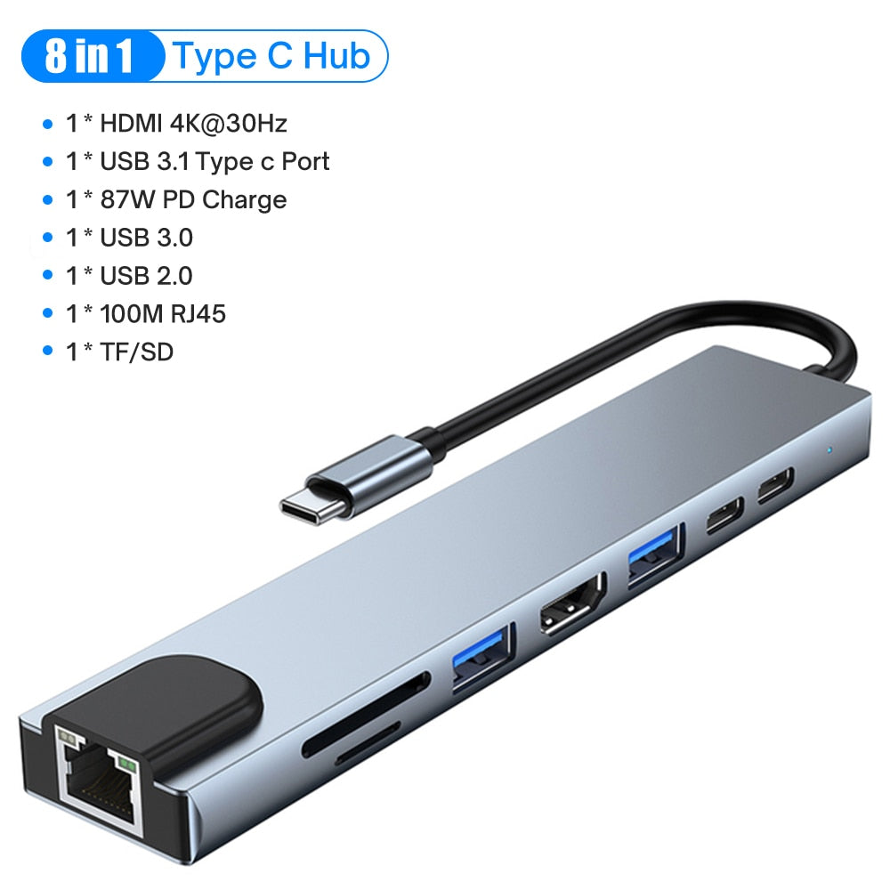 8 in 1 USB 3.0 Hub For Laptop Adapter PC PD Charge 8 Ports Dock Station RJ45 HDMI-4K TF/SD Card For Macbook Type-C Splitter