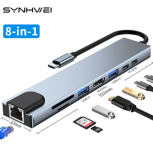 8 in 1 USB 3.0 Hub For Laptop Adapter PC PD Charge 8 Ports Dock Station RJ45 HDMI-4K TF/SD Card For Macbook Type-C Splitter