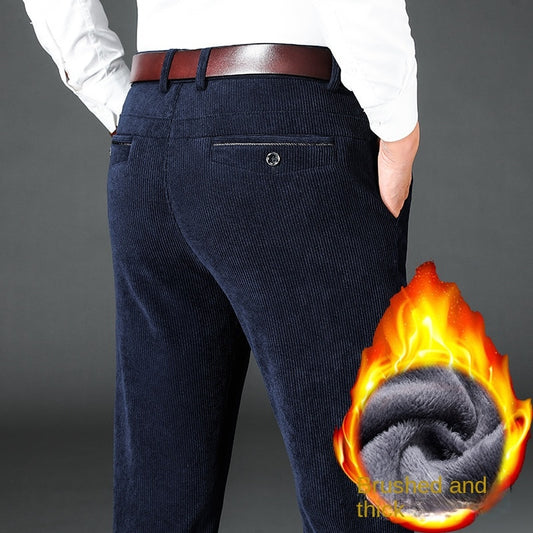 Winter Corduroy Mens Pants Thick Warm Fleece Casual Pants Business Classic Fitted Version Black Brown Trousers For Men Clothing