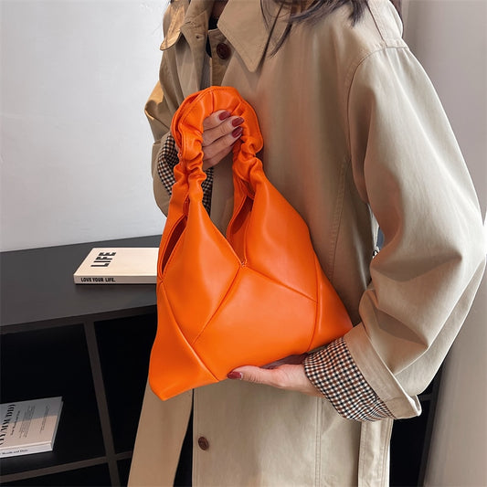 Large Fashion Handbag Women Designer Pleated Handle Bag, Solid Soft Leather Handbag Tote Portable Wrist Bag Simple Clutch Purse